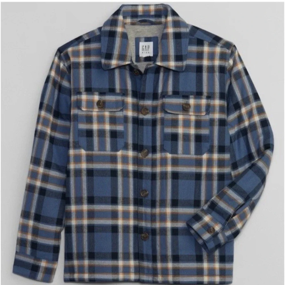 Gap Kids Boys Shacket size L Blue Plaid Flannel Shirt Jacket Jersey Lined preppy
